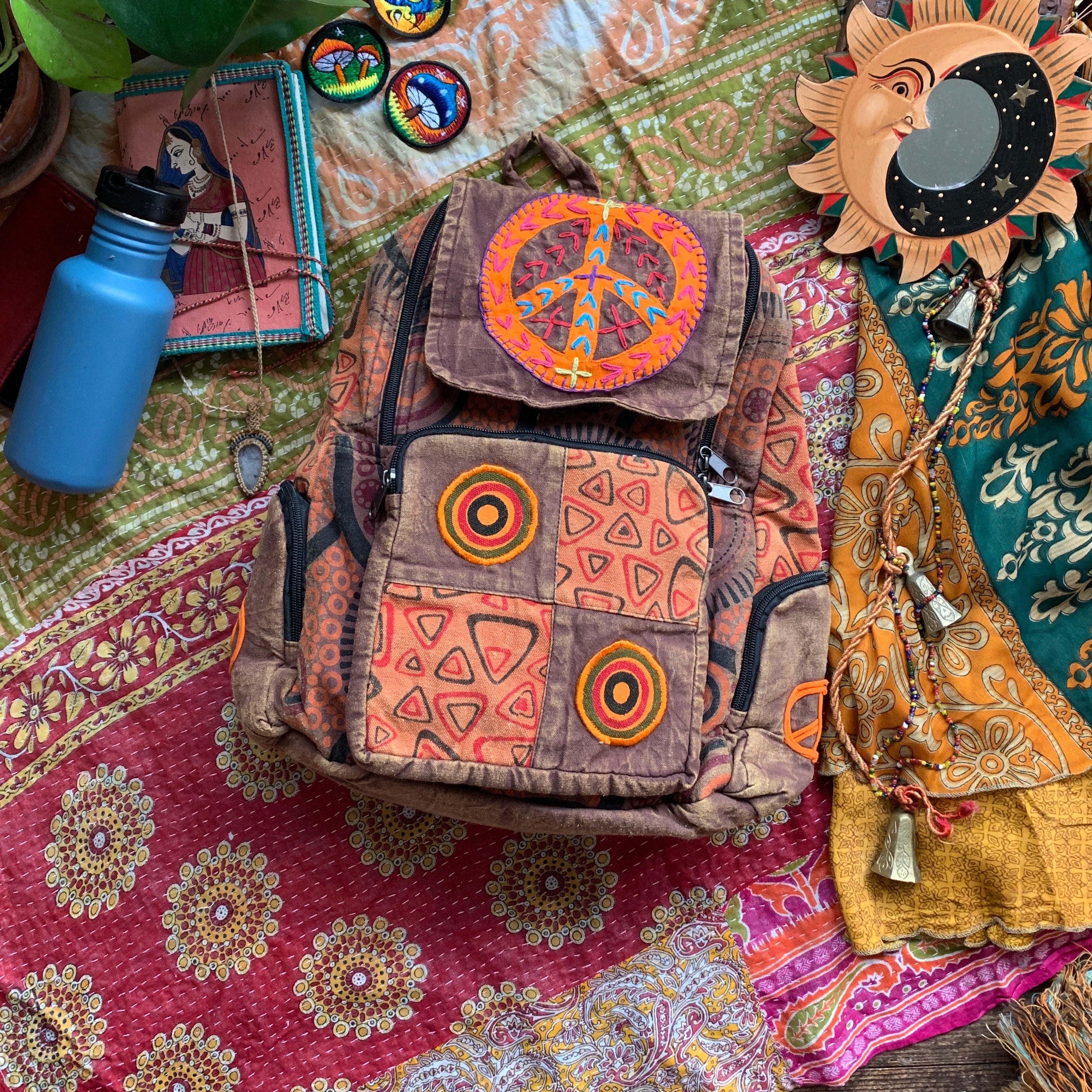 Peace Sign Embroidered Backpack Stonewash Burnt Orange  display picture 2