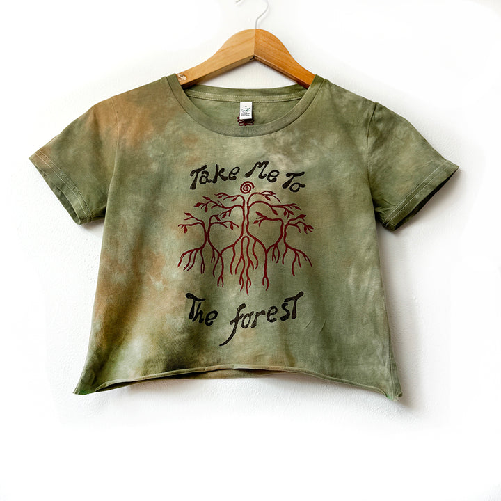 Into The Forest Fitted T-Shirt - Moss Green & Ochre Hand Dyed & Block Printed, Fair Trade, Organic, Vegan and Climate Neutral Hippie Top