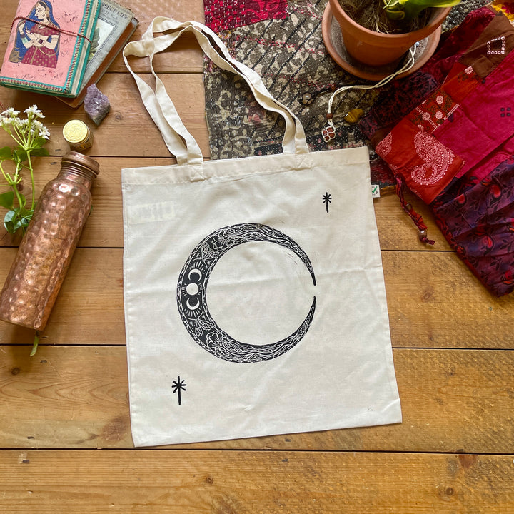 Moon Craft Ethical Tote Bag - Block Printed, Organic Climate Neutral Cotton Shopper Bag