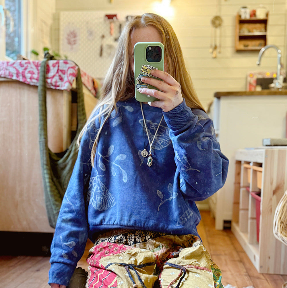 Indigo Moth Batik Sweater – Hand Dyed Organic Cotton | Lulu Earth