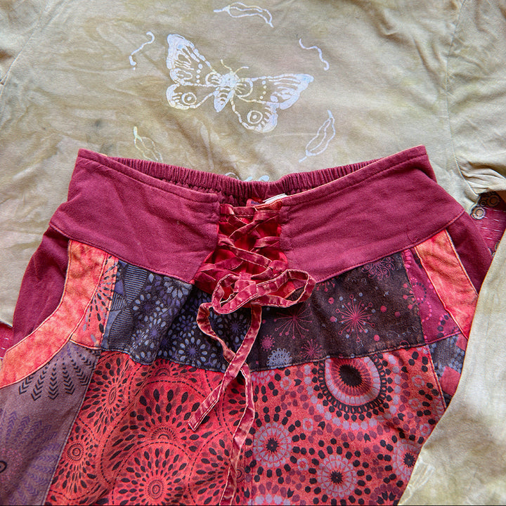 Tie Front Forest Folk Earthy Printed Patchwork Palazzo Wide Leg Trousers