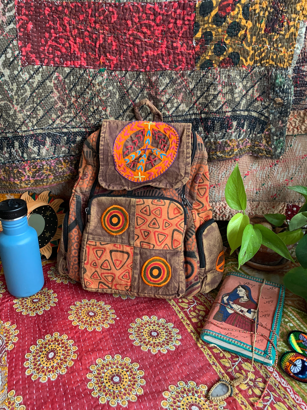 Spiral Embroidered Backpack Stonewash Burnt Orange & Brown Fair Trade Trekker Rucksack Bag