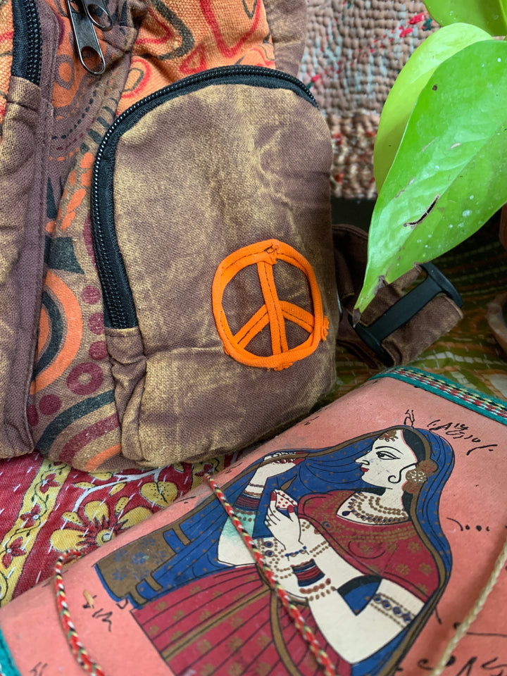 Spiral Embroidered Backpack Stonewash Burnt Orange & Brown Fair Trade Trekker Rucksack Bag