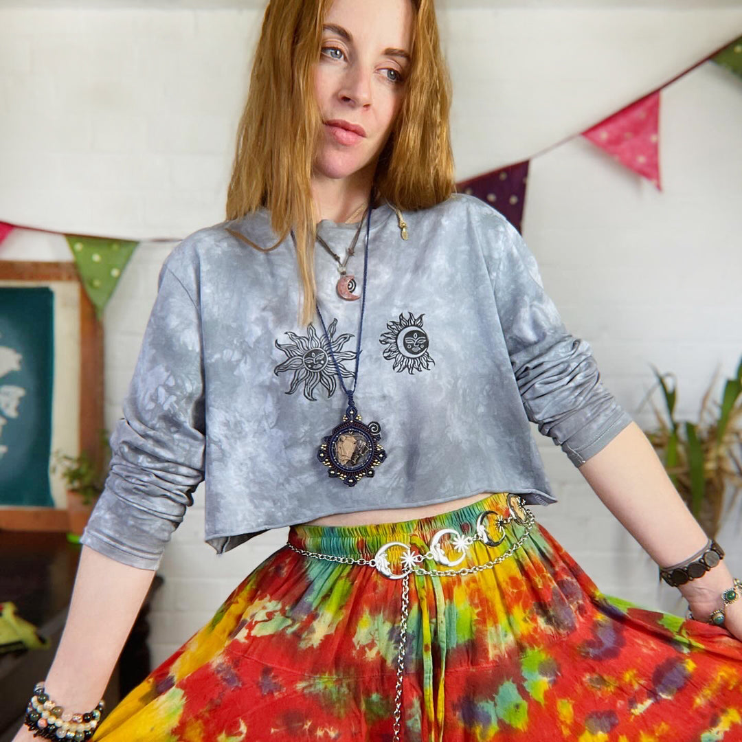 Tarot Ethical Long Sleeve, Hand Dyed & Block Printed Sun Moon, Ethically Made, Fair Trade Loose Fit Bohemian Top