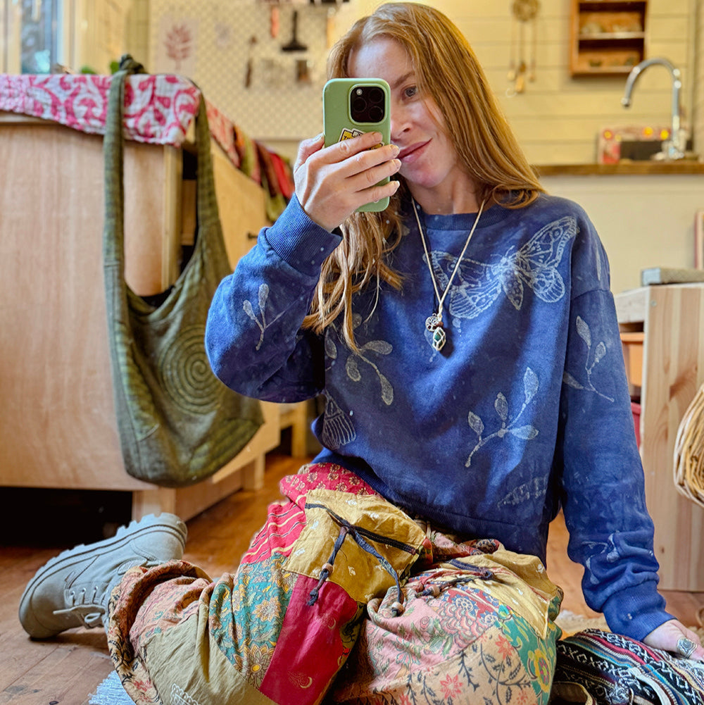 Indigo Moth Batik Sweater – Hand Dyed Organic Cotton | Lulu Earth