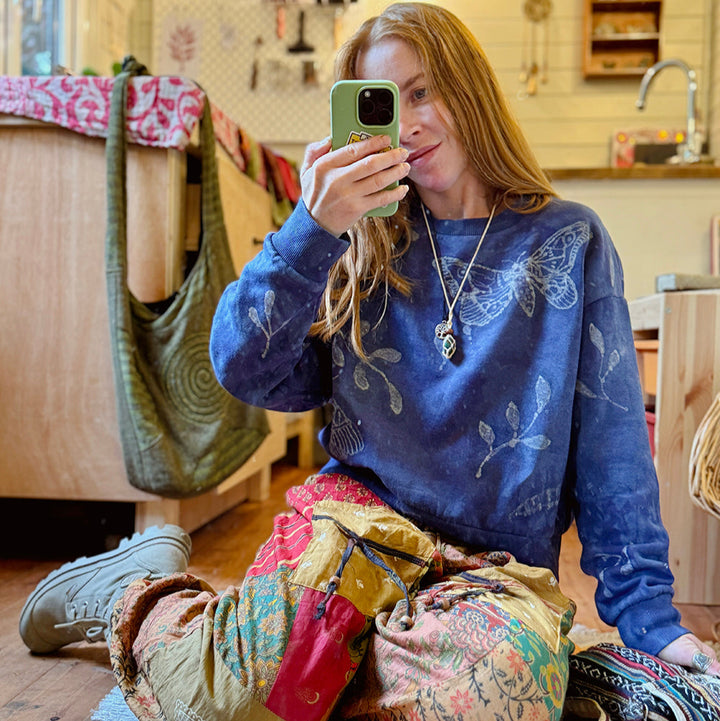 Indigo Moth Batik Sweater – Hand Dyed Organic Cotton | Lulu Earth