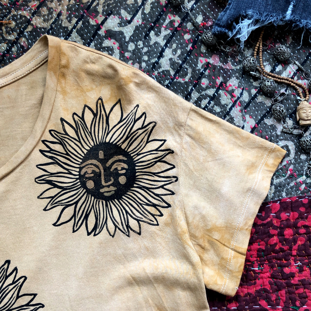 Solstice - Ochre Boxy Fit Hand Dyed & Printed Ethically Made Fair Trade Vegan T-Shirt