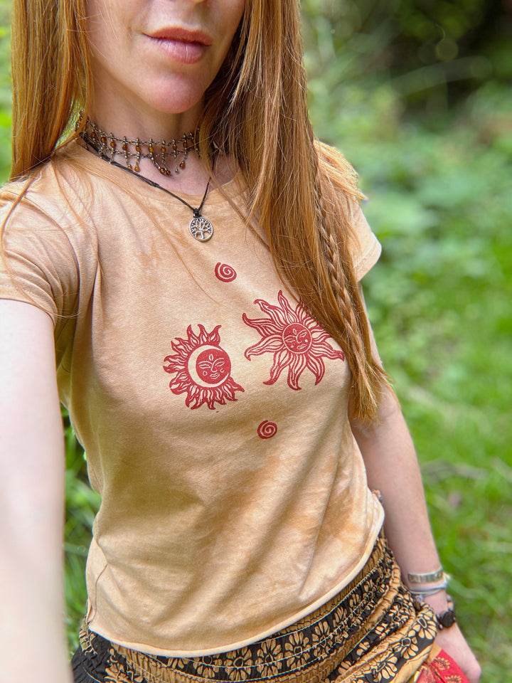 Tarot Earth Fitted Tee - Ochre Hand Dyed & Block Printed Sun & Moon, Fair Trade, Organic, Vegan and Climate Neutral Hippie Top