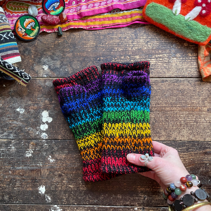 Rainbow Knitted, Fleece Lined Wrist Hand Warmer Gloves