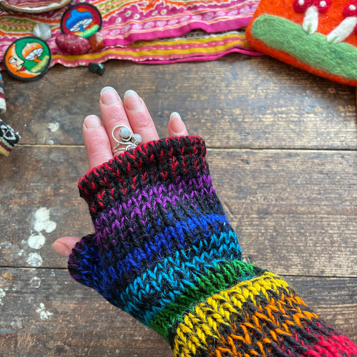 Rainbow Knitted, Fleece Lined Wrist Hand Warmer Gloves