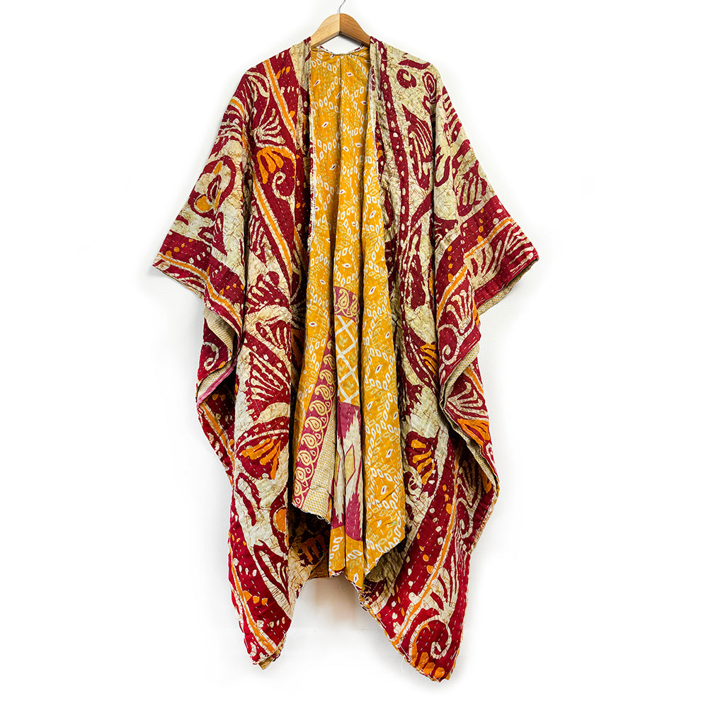 Kantha Kimono Handmade Fair Trade Indian Recycled Cotton Red & Ochre Earth Kantha