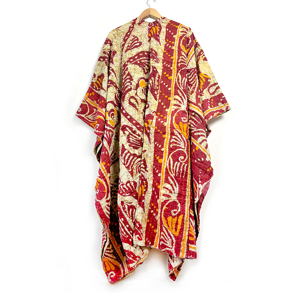 Kantha Kimono Handmade Fair Trade Indian Recycled Cotton Red & Ochre Earth Kantha