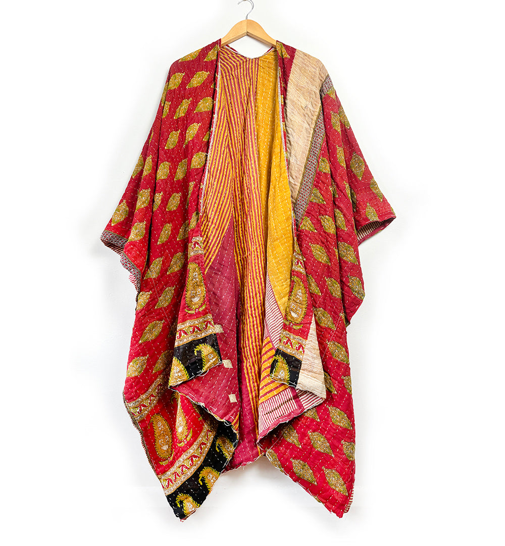 Kantha Kimono Handmade Fair Trade Indian Recycled Cotton Red & Yellow Paisley Print Kantha