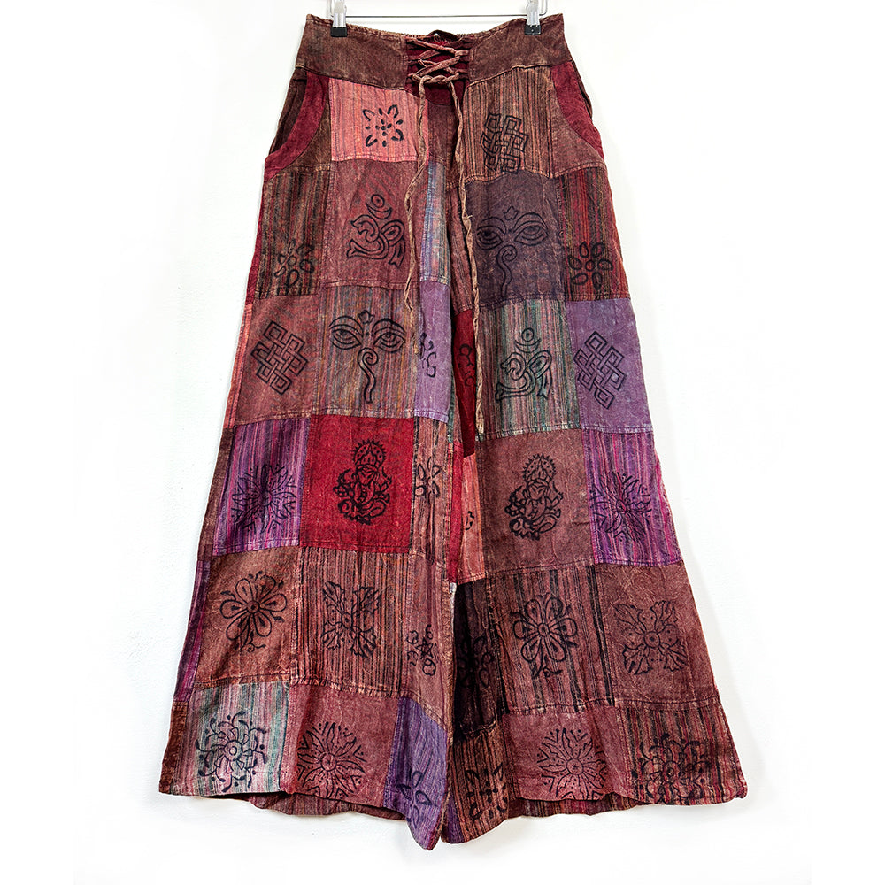 Tie Front Forest Folk Printed Patchwork Palazzo Wide Leg Trousers