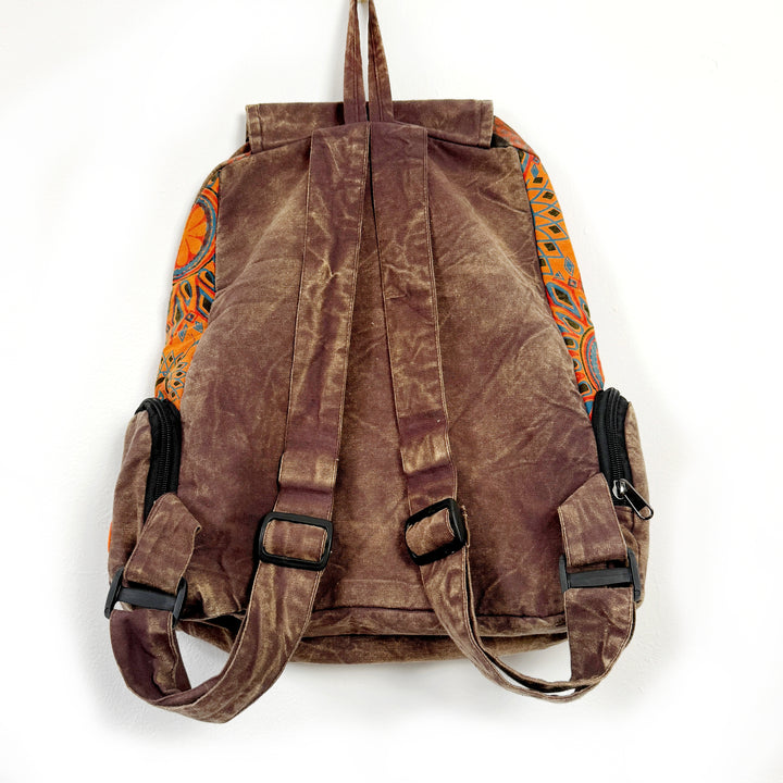 Spiral Embroidered Backpack Stonewash Burnt Orange & Brown Fair Trade Trekker Rucksack Bag