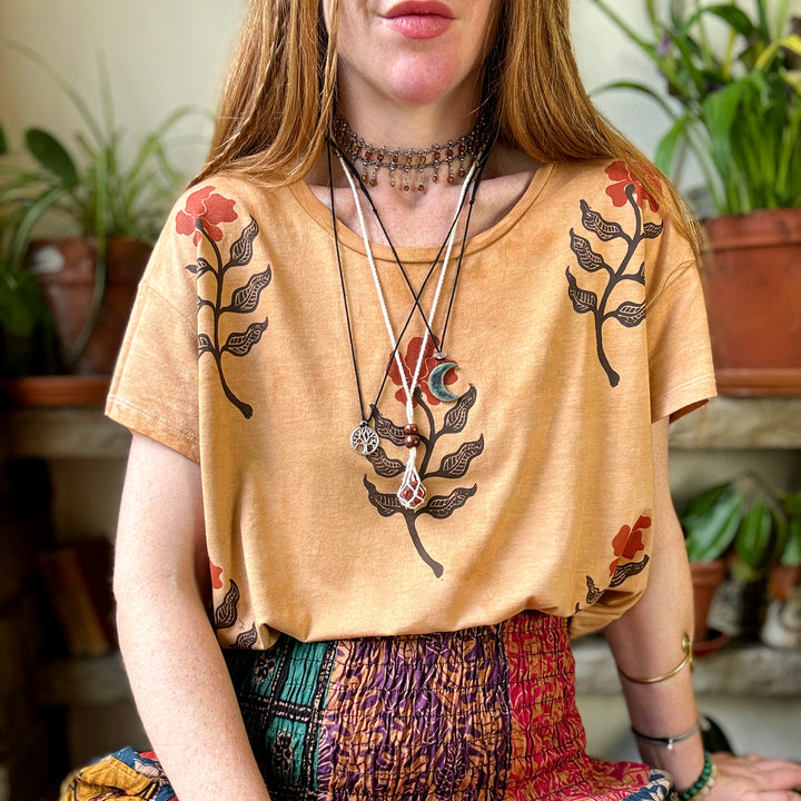 Wild Poppy Ethical Boxy Fit T-Shirt in Indiana Rose, Hand Dyed & Block Printed, Organic Vegan, Fair Trade Hippie Top