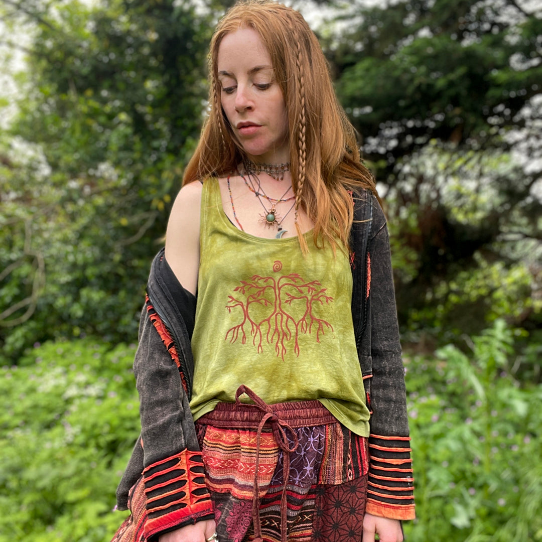 The Mother Tree Ethical Moss Camisole - Hand Dyed &amp; Block Printed, Fair Trade, Organic, Vegan and Climate Neutral Hippie Forest Green Print Top