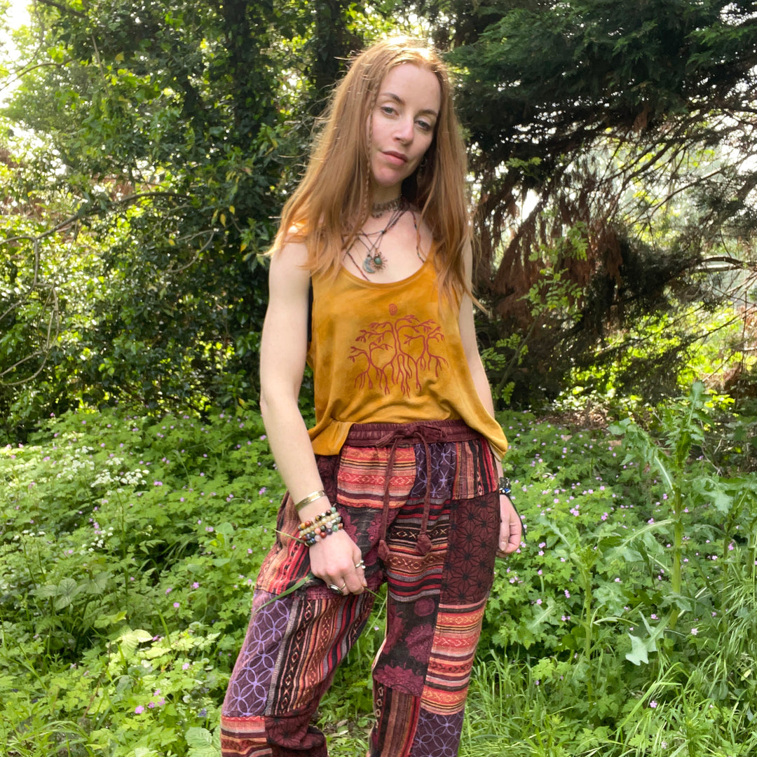 The Mother Tree Ethical Ochre Camisole - Hand Dyed & Block Printed, Fair Trade, Organic, Vegan and Climate Neutral Hippie Forest Print Top
