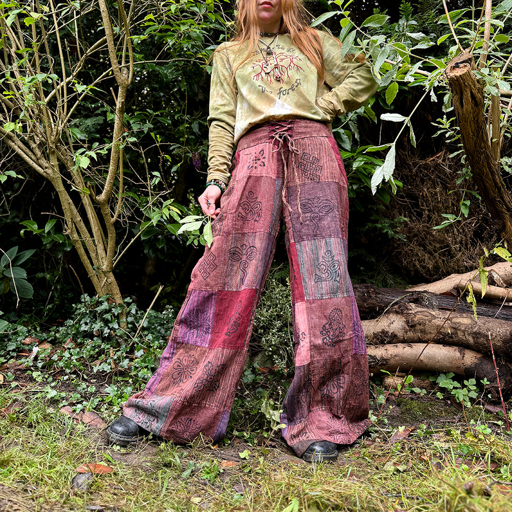 Tie Front Forest Folk Printed Patchwork Palazzo Wide Leg Trousers