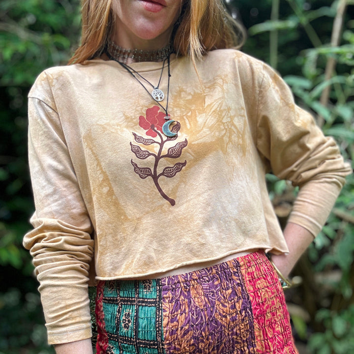 Wild Poppy Ethical Long Sleeve Crop Raw Edge Top - Ochre Earth Colour - Hand Dyed & Block Printed, Vegan, Organic & Fair Trade