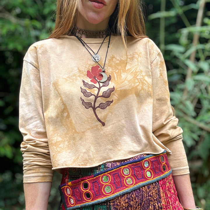 Wild Poppy Ethical Long Sleeve Crop Raw Edge Top - Ochre Earth Colour - Hand Dyed & Block Printed, Vegan, Organic & Fair Trade