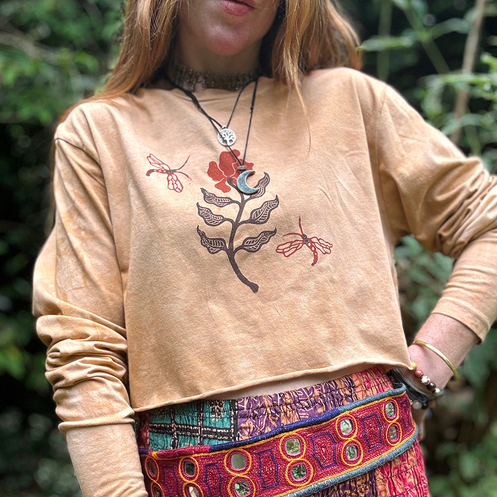 Wild Poppy Ethical Long Sleeve Crop Raw Edge Top - Ochre Earth Colour - Hand Dyed & Block Printed, Vegan, Organic & Fair Trade