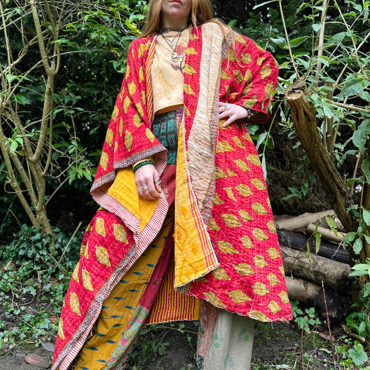 Kantha Kimono Handmade Fair Trade Indian Recycled Cotton Red & Yellow Paisley Print Kantha