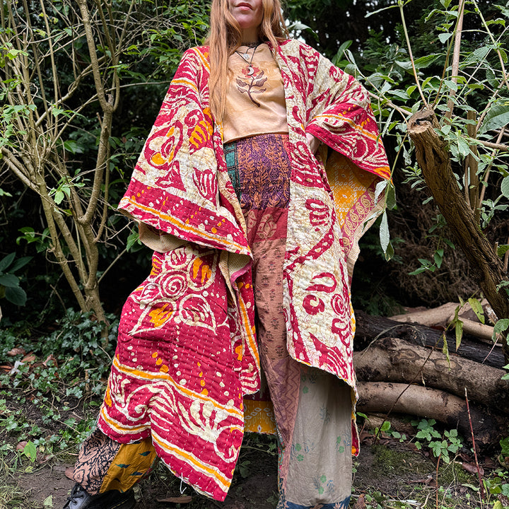 Kantha Kimono Handmade Fair Trade Indian Recycled Cotton Red & Ochre Earth Kantha