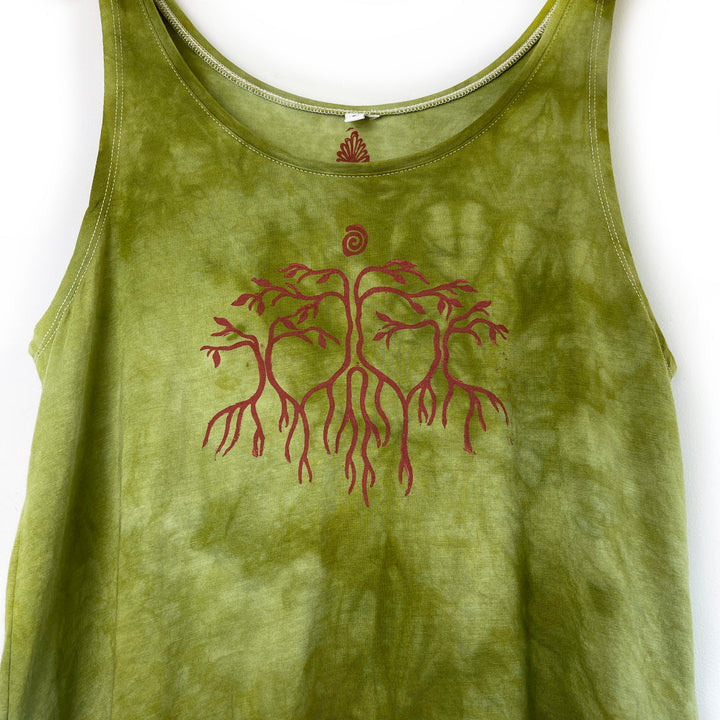 The Mother Tree Ethical Moss Camisole - Hand Dyed &amp; Block Printed, Fair Trade, Organic, Vegan and Climate Neutral Hippie Forest Green Print Top