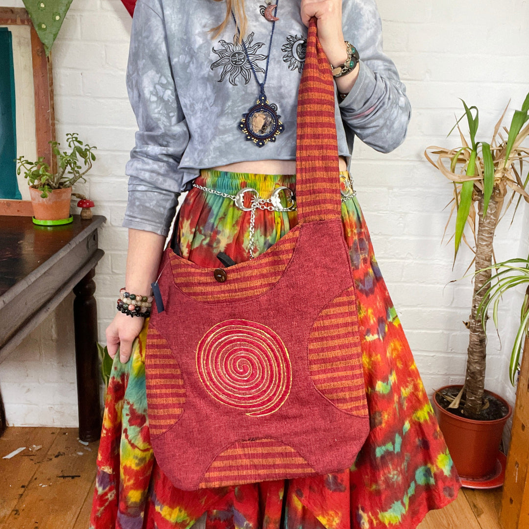 The Spiral Weaved Cotton Embroidered Fair Trade Shoulder Red Earth Bag