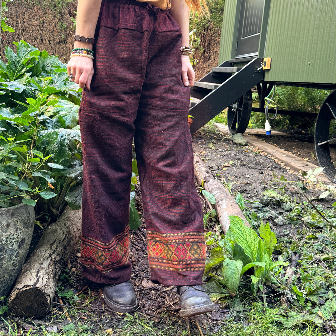 Villager Fleece Trousers - Fair Trade Burgundy Rosehip Red or Moss Green Straight Leg Pant