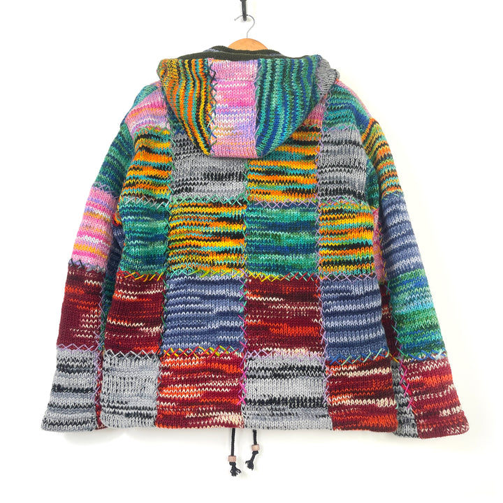 Knitted Patchwork Hooded Fleece Lined Jacket