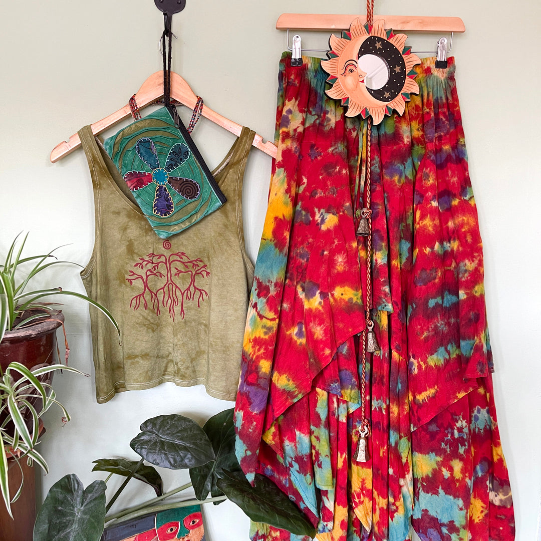 Pixie Hem Tie Dye Maxi Skirt, Handmade Fair Trade Layered Cotton Rainbow Hippie Fairy Skirt