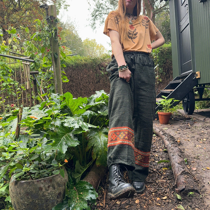 Villager Fleece Trousers - Fair Trade Burgundy Rosehip Red or Moss Green Straight Leg Pant