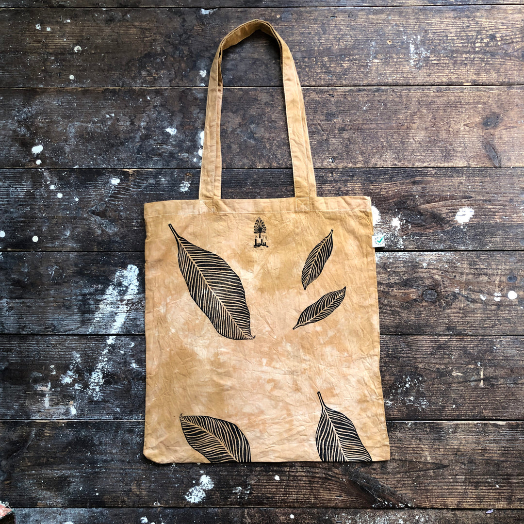Cloud Forest Ethical Tote Bag - Ochre Hand Dyed & Block Printed Leaves, Organic Sustainable Cotton