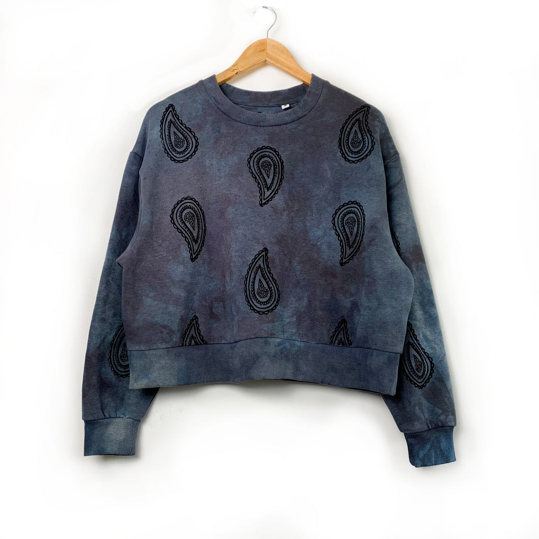 Drishti Ethical Sweater - Hand Dyed &amp; Block Printed, Organic, Fair Trade, Climate Neutral, Paisley Print Boho Sweatshirt