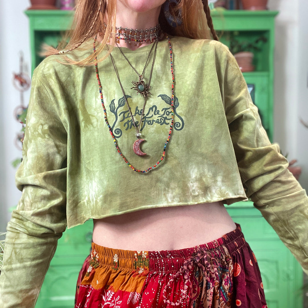 Take Me To The Forest Ethical Long Sleeve Crop T-Shirt - Moss Green - Hand dyed & Block Printed, Vegan, Organic & Fair Trade