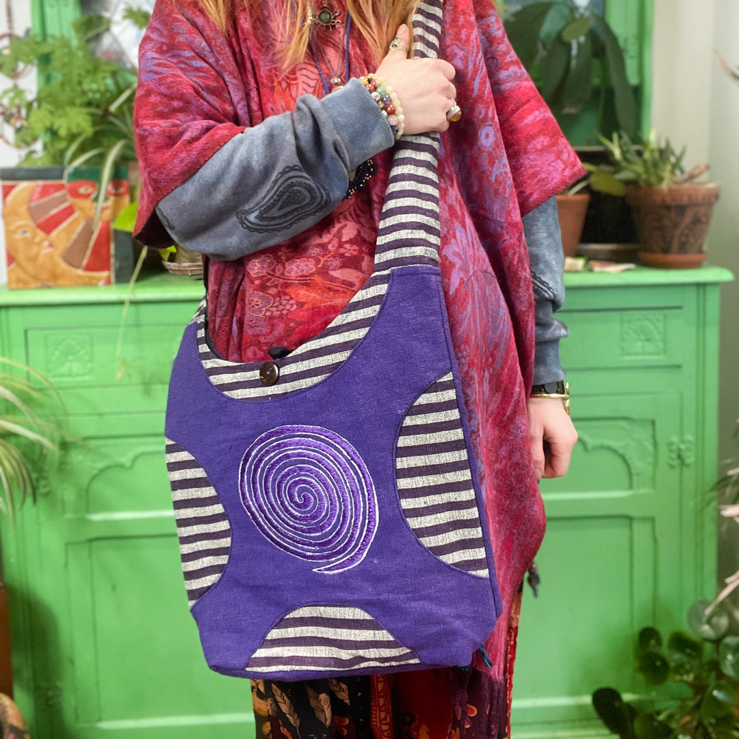 The Spiral Weaved Cotton Embroidered Fair Trade Shoulder Magick Purple Bag