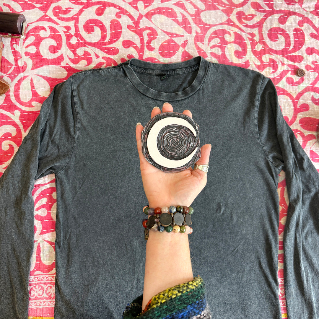 Psychedelic Moon Ethical Long Sleeve T-Shirt, Black Stonewash Block Printed By Hand, Vegan, Organic & Fair Trade