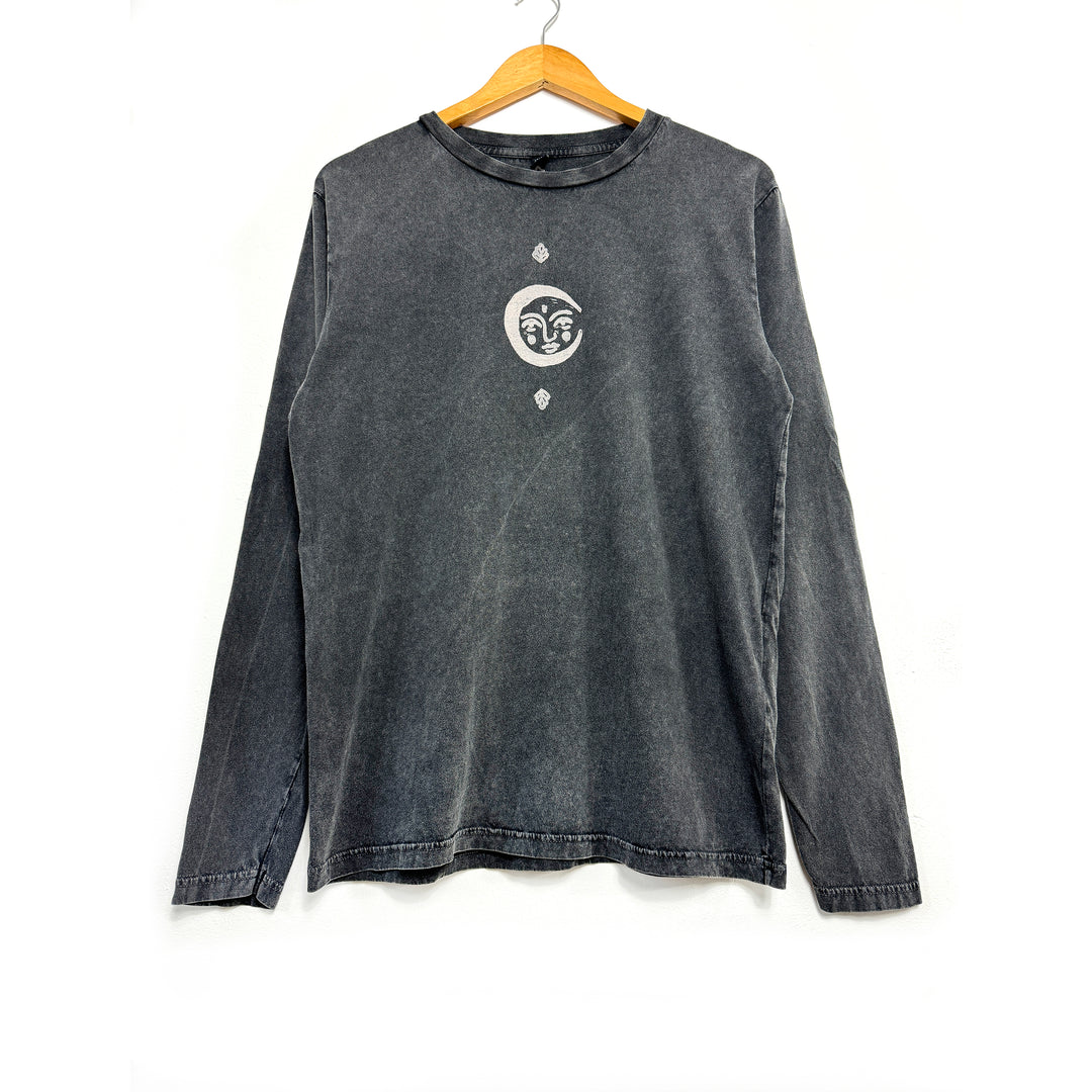 Psychedelic Moon Ethical Long Sleeve T-Shirt, Black Stonewash Block Printed By Hand, Vegan, Organic & Fair Trade