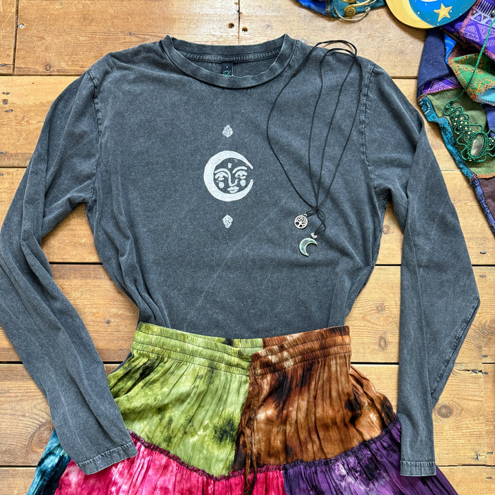 Psychedelic Moon Ethical Long Sleeve T-Shirt, Black Stonewash Block Printed By Hand, Vegan, Organic & Fair Trade