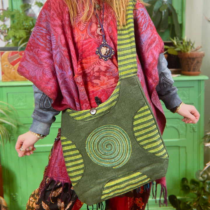 The Spiral Weaved Cotton Embroidered Fair Trade Shoulder Pixie Green Bag