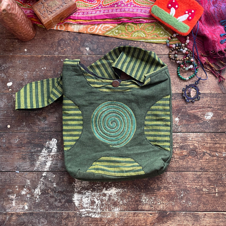 The Spiral Weaved Cotton Embroidered Fair Trade Shoulder Pixie Green Bag