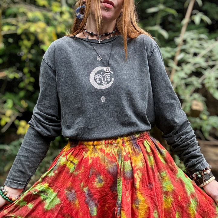 Psychedelic Moon Ethical Long Sleeve T-Shirt, Black Stonewash Block Printed By Hand, Vegan, Organic & Fair Trade