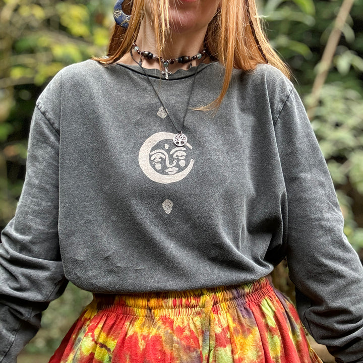 Psychedelic Moon Ethical Long Sleeve T-Shirt, Black Stonewash Block Printed By Hand, Vegan, Organic & Fair Trade