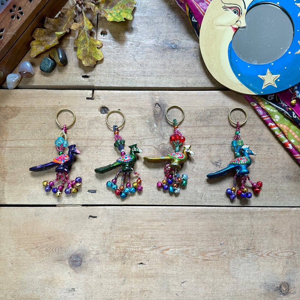 Boho Indian Hand Painted Peacock Bird Keyring Fair Trade Gift