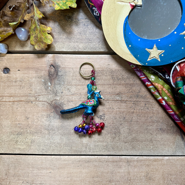 Boho Indian Hand Painted Peacock Bird Keyring Fair Trade Gift