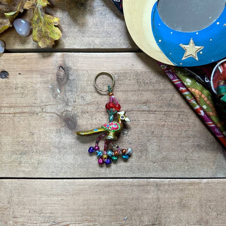 Boho Indian Hand Painted Peacock Bird Keyring Fair Trade Gift