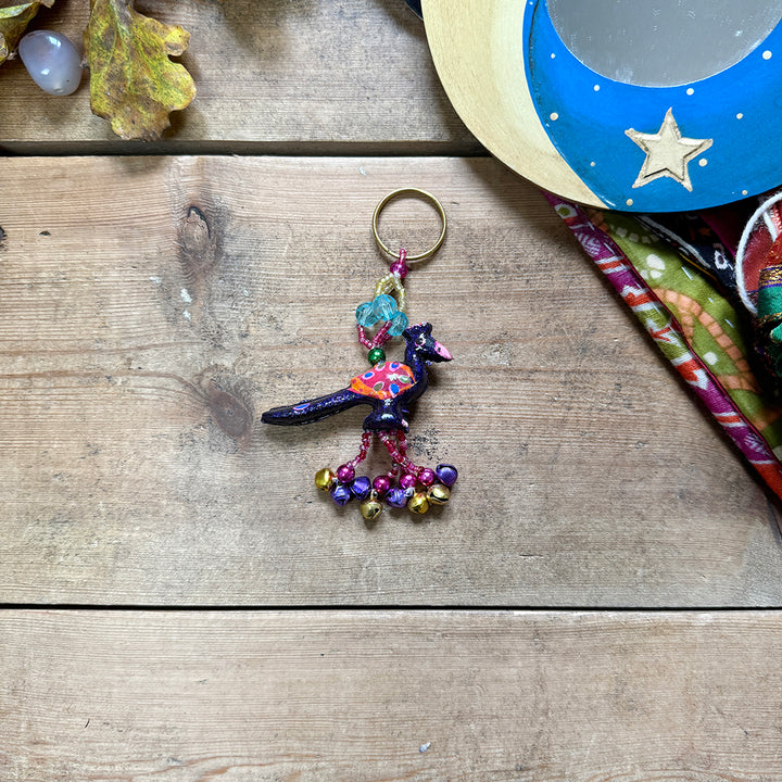 Boho Indian Hand Painted Peacock Bird Keyring Fair Trade Gift