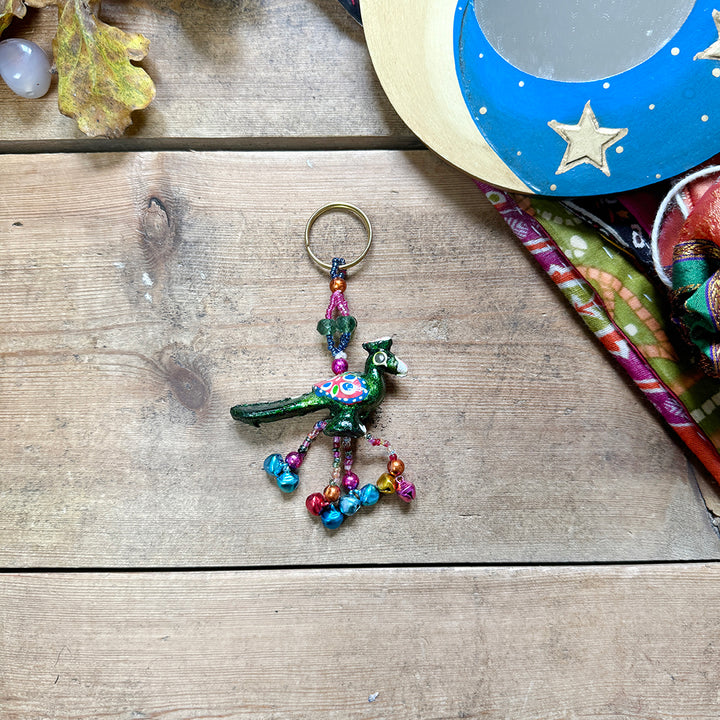 Boho Indian Hand Painted Peacock Bird Keyring Fair Trade Gift